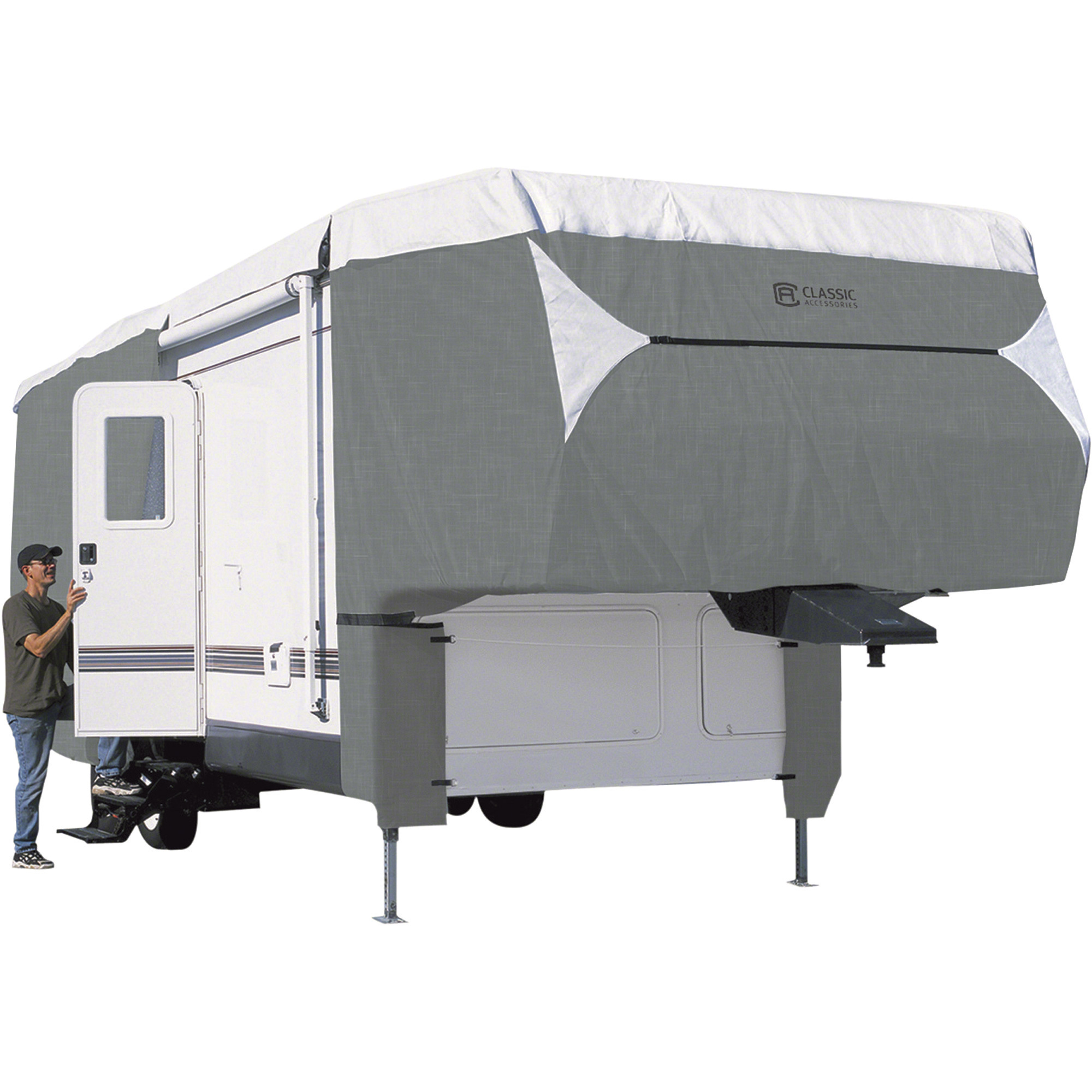 Classic Accessories PolyPro 3 Deluxe 5th Wheel Cover, Gray and White, Fits 23ft.L-26ft.L x 122in.H Trailers, Model# 75363